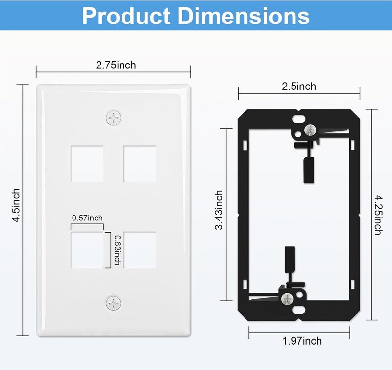 FGBB 4-Port Keystone Wall Plate, with Low Voltage Mounting Bracket, with Single Gang Decorator Wall for RJ45, HDMI, and Coax Keystone Inserts, White, 10-Pack - Image 2